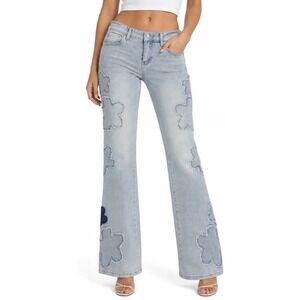 Ashley Mason Premium Floral Applique Flare Jeans Light Wash Blue Size 5/27